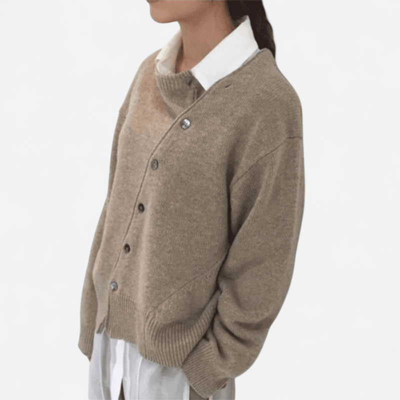Serena Womens Cashmere Cardigan, Asymmetric Buttons in Brown