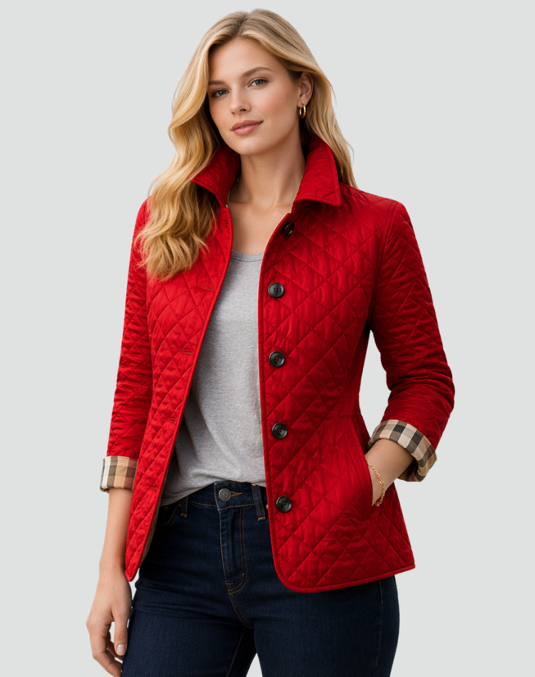 Jasmine Womens Quilted Puffer Jacket with Diamond Stitching in Red