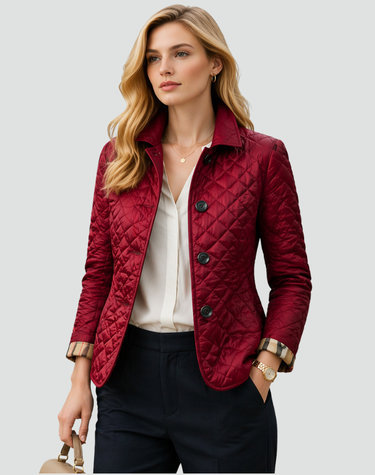 Jasmine Womens Quilted Puffer Jacket with Diamond Stitching in Wine Red