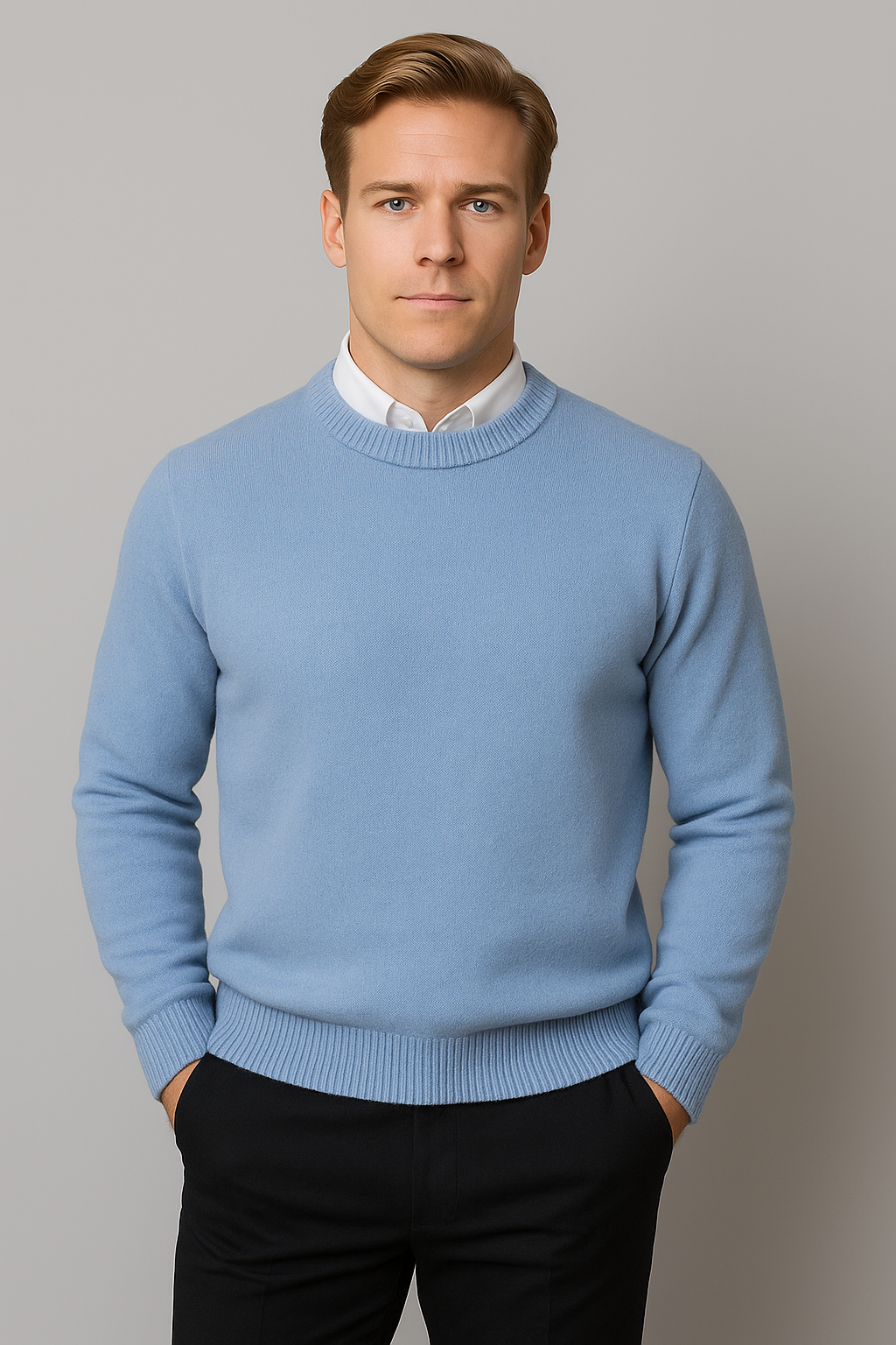 Colin Mens Crew Neck Knit Sweater with Ribbed Cuffs in Blue