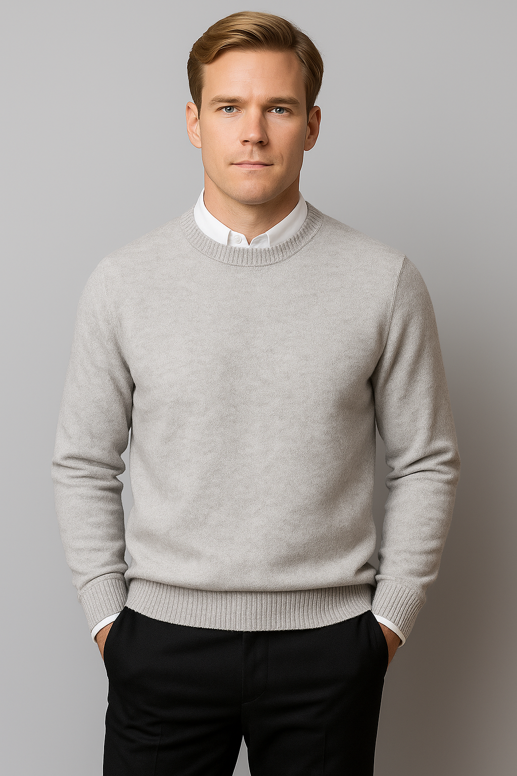 Colin Mens Crew Neck Knit Sweater with Ribbed Cuffs in Light Gray