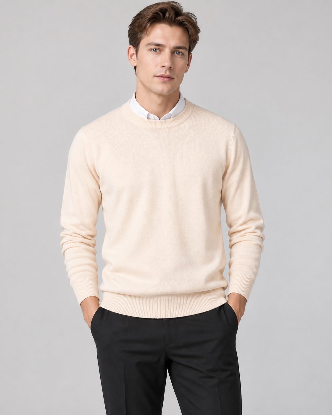Colin Mens Crew Neck Knit Sweater with Ribbed Cuffs in Beige