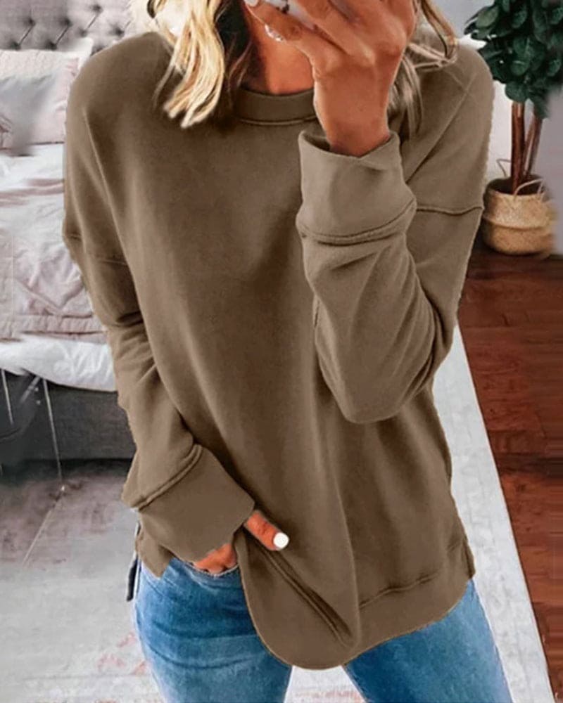 Kari Womens Crew Neck Fleece Sweatshirt with Curved Hem in Khaki
