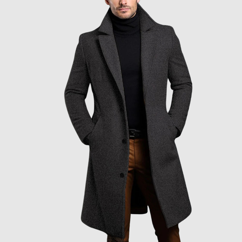 Men's Long Wool Coat, Single-Breasted | Lapel Collar, Side Pockets, Button Front | Khaki, Black, Gray or Blue | S–XXL