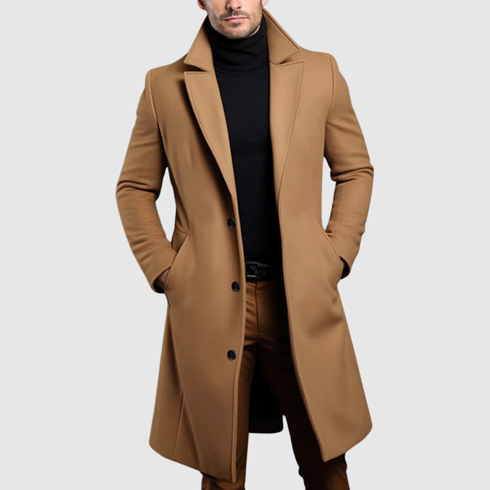 Men's Long Wool Coat, Single-Breasted | Lapel Collar, Side Pockets, Button Front | Khaki, Black, Gray or Blue | S–XXL