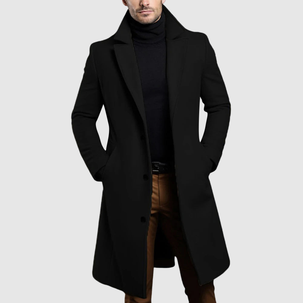 Men's Long Wool Coat, Single-Breasted | Lapel Collar, Side Pockets, Button Front | Khaki, Black, Gray or Blue | S–XXL