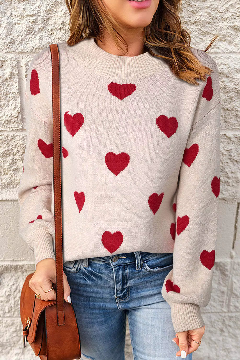 Women's Hearts-Pattern Sweater, Relaxed Fit | Delicate Print Detail, Cozy Everyday Layer | White or Pink | S–2XL
