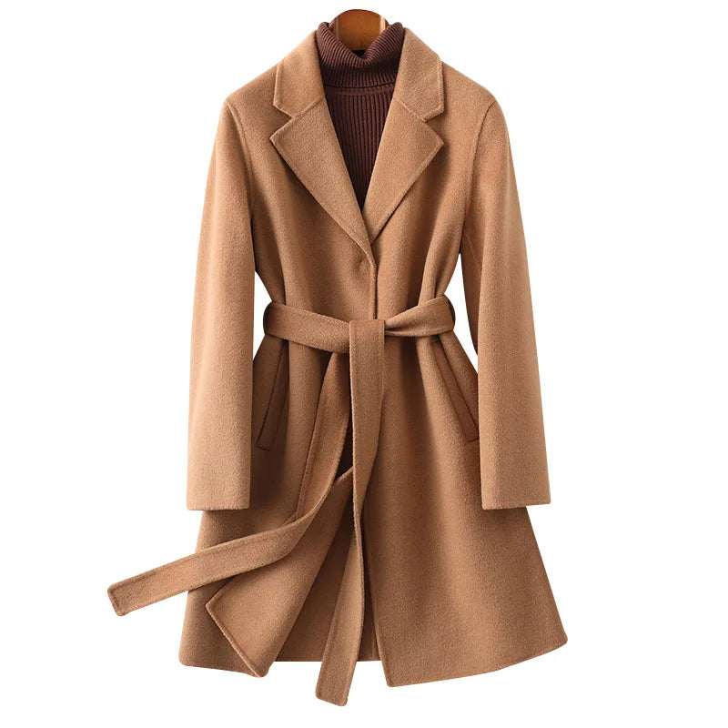 Claire Womens Belted Wool Coat in Midi Length