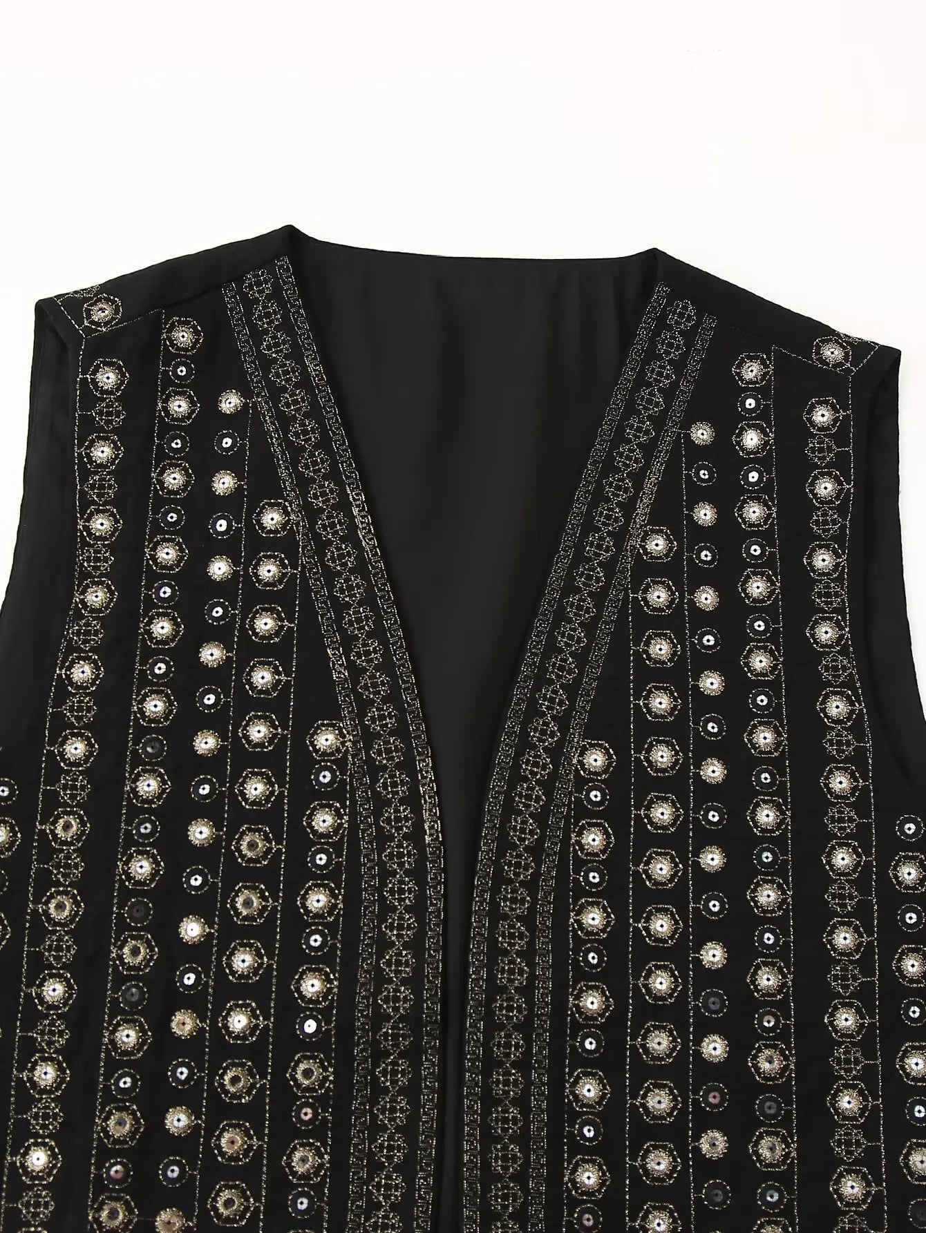 Women's Sequin-Embroidered Boho Vest, Cropped Cut | Hand-Stitched Sparkle, Open-Front Design | Black | Sizes S–L