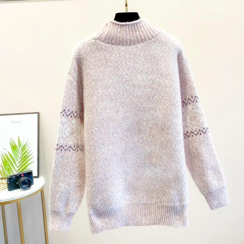 Women's Snowflake-Pattern Knit Sweater, High Neckline | Winter Print, Relaxed Fit | Pink, Beige, Blue or Gray | M–2XL