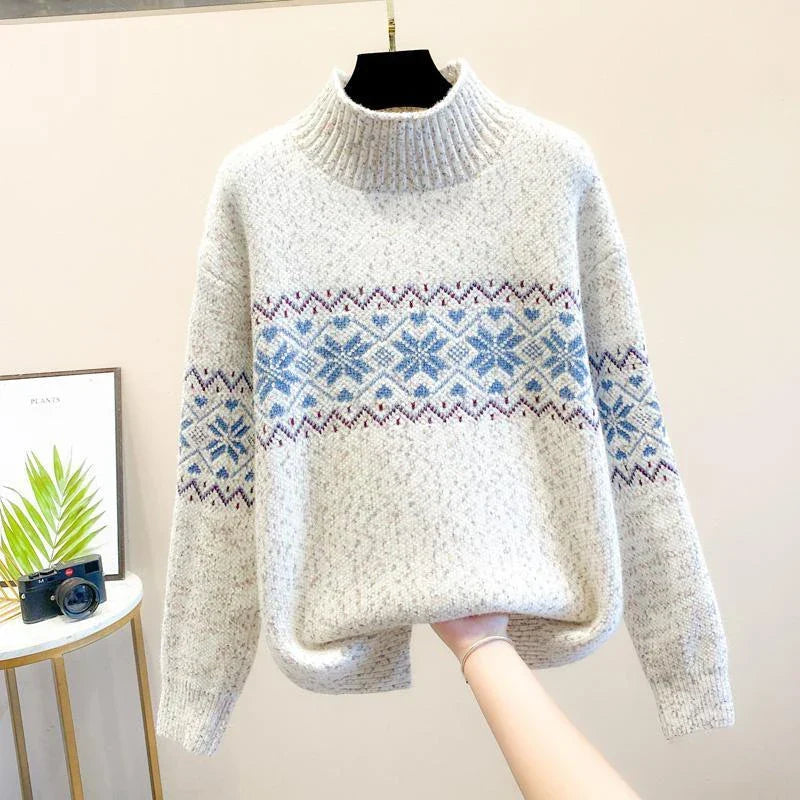 Women's Snowflake-Pattern Knit Sweater, High Neckline | Winter Print, Relaxed Fit | Pink, Beige, Blue or Gray | M–2XL