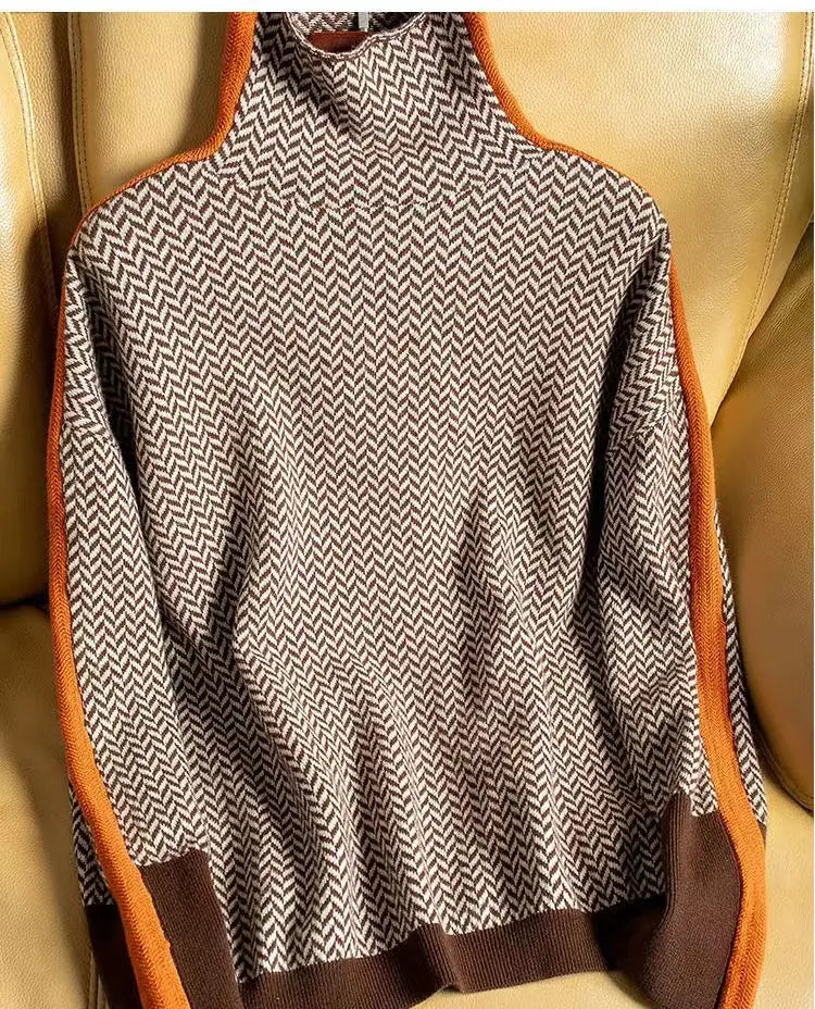 Women's Herringbone Turtleneck Sweater, Luxe Design | Refined Pattern, Flattering Fit | Orange or Green | One Size