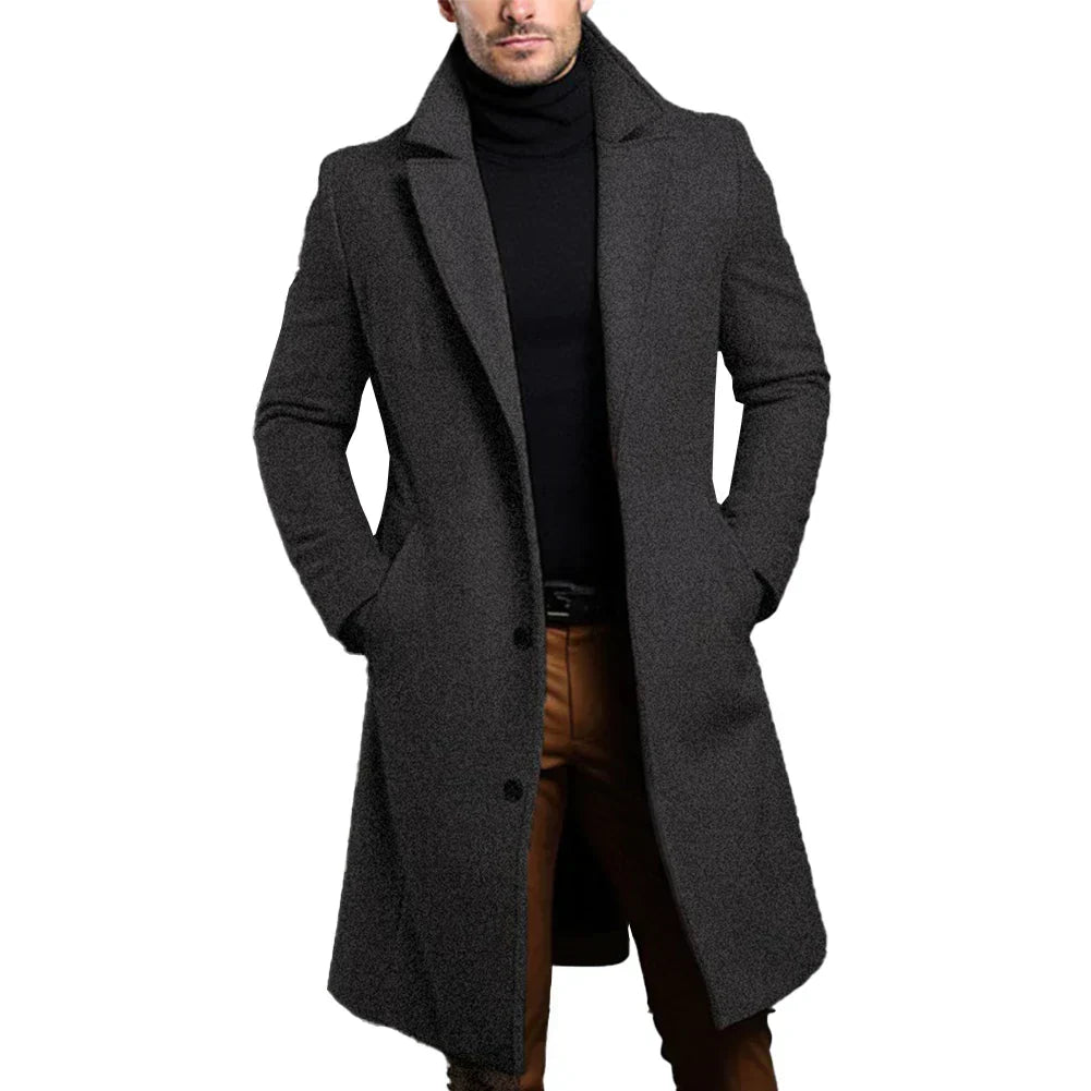 Lee Mens Slim Fit Long Coat with Notched Lapel in Dark Gray