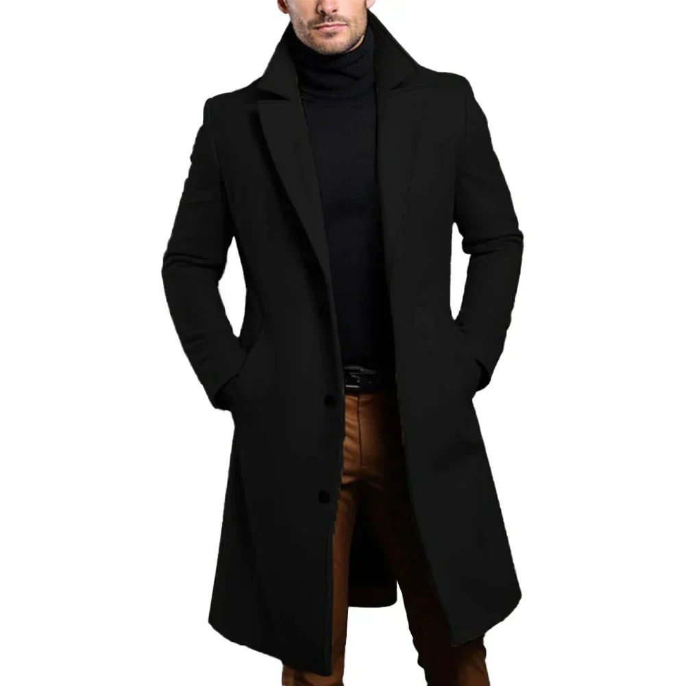 Lee Mens Slim Fit Long Coat with Notched Lapel in Black