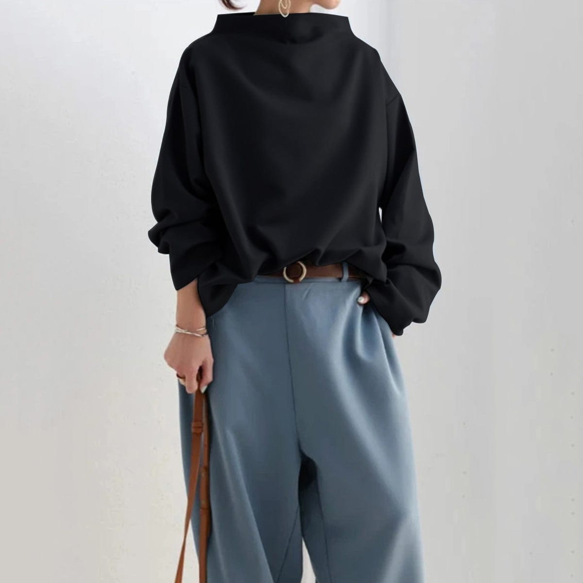 Women's High-Neck Soft Knit Top, Relaxed Oversized Fit | Chic High Neckline, Flattering Cut | Black, Blue or White | S–5XL