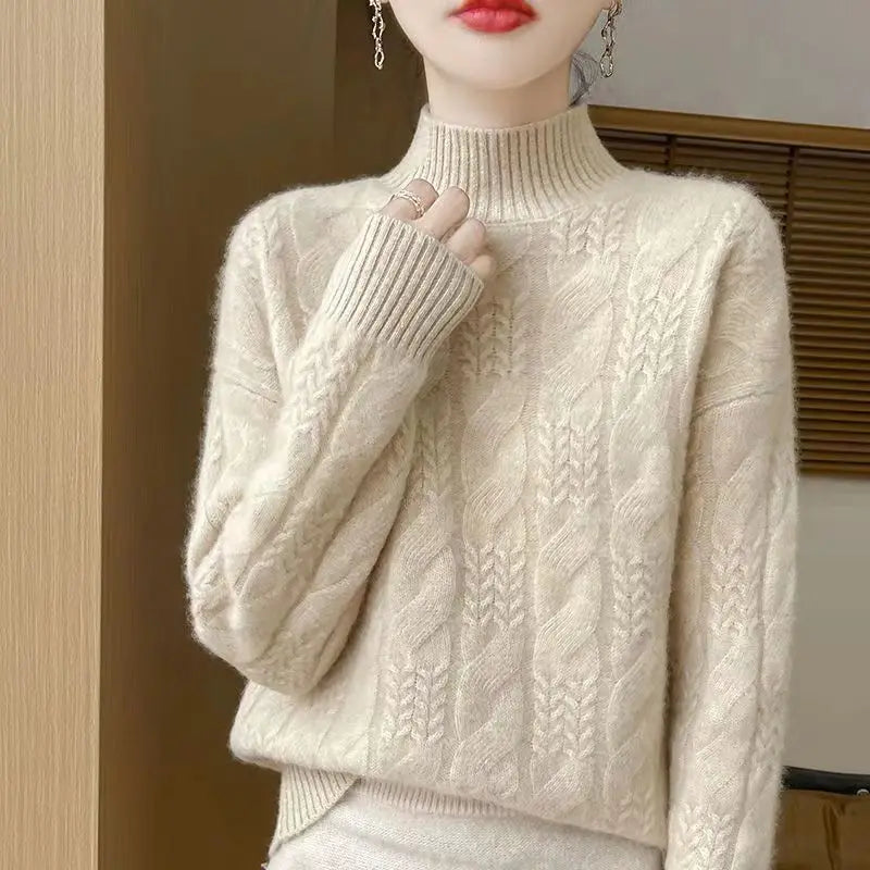 Whitney Womens Cable Knit Sweater with Half-High Collar
