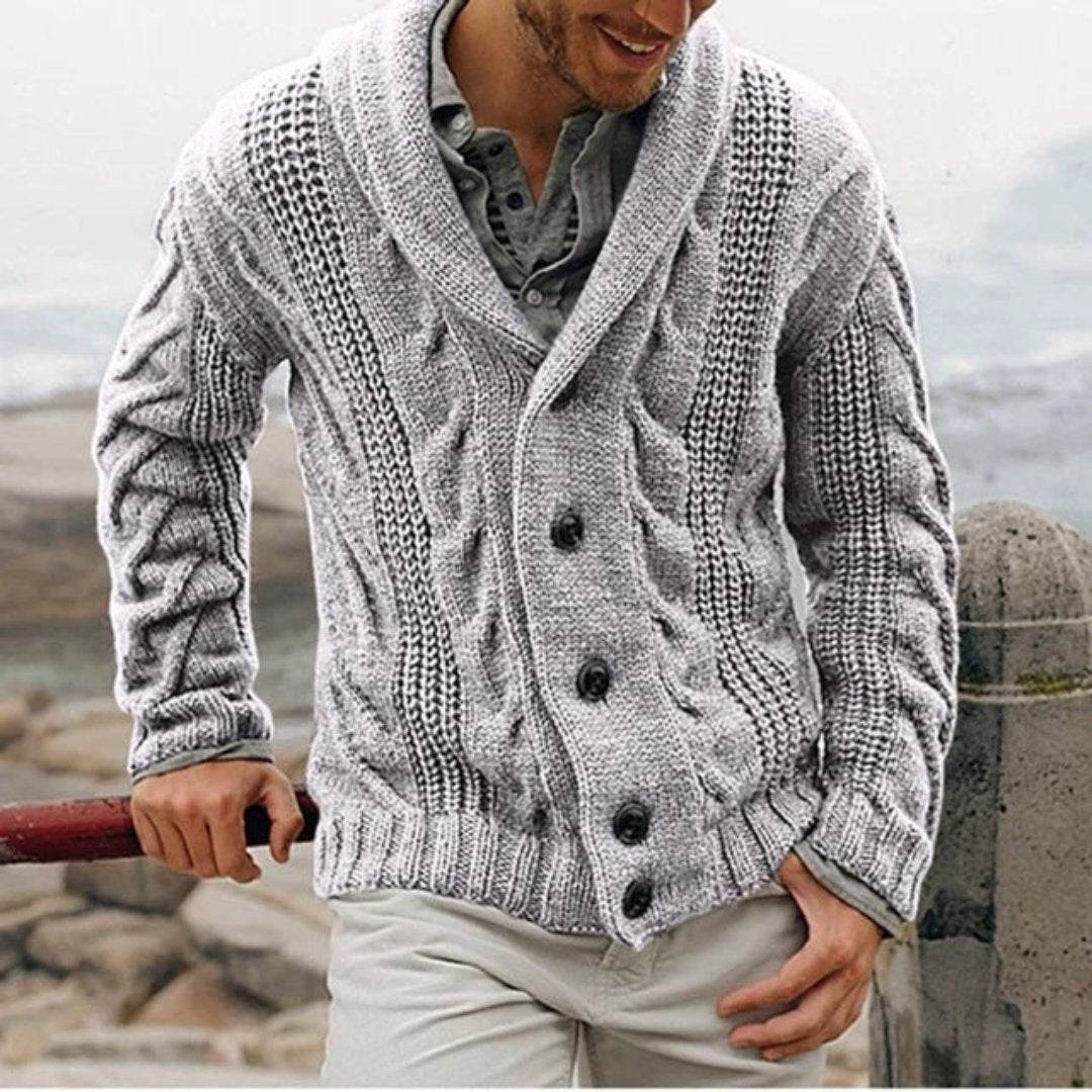 James Mens Shawl Collar Cable Knit Cardigan in Light Gray