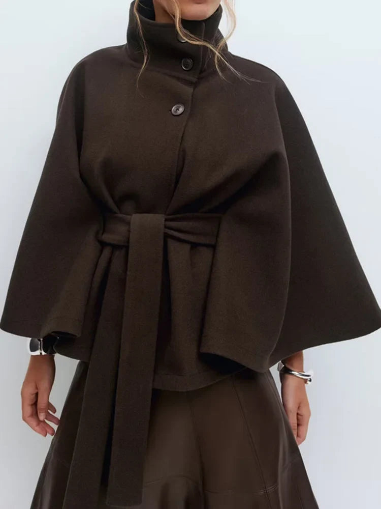 Leslie Womens Wool Blend Cape Coat with Belted Waist
