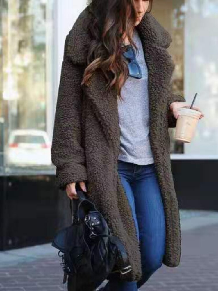 Sandra Womens Long Teddy Coat in Soft Fleece in Dark Gray