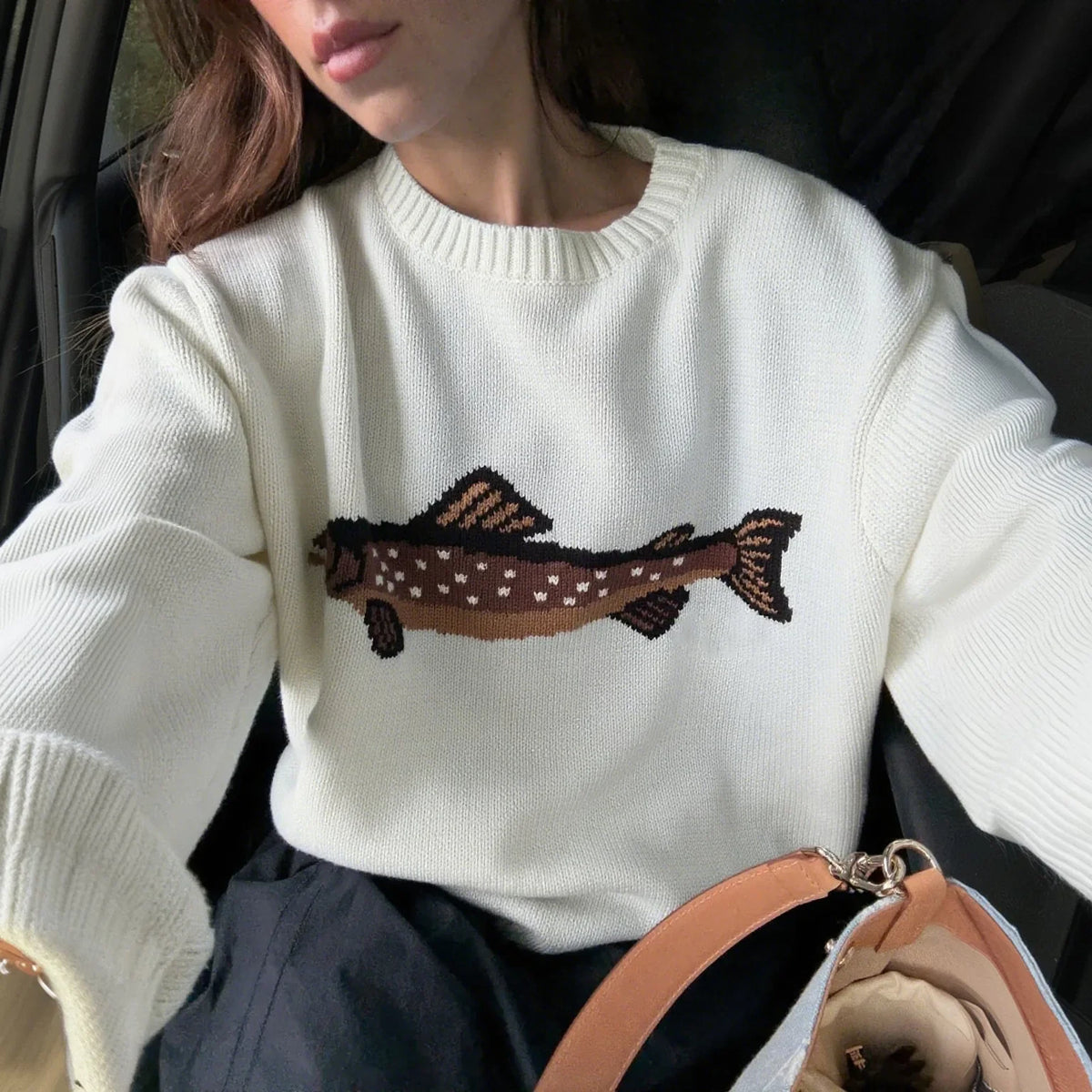 Hadley Womens Half-Zip Knit Sweater with Fish Pattern