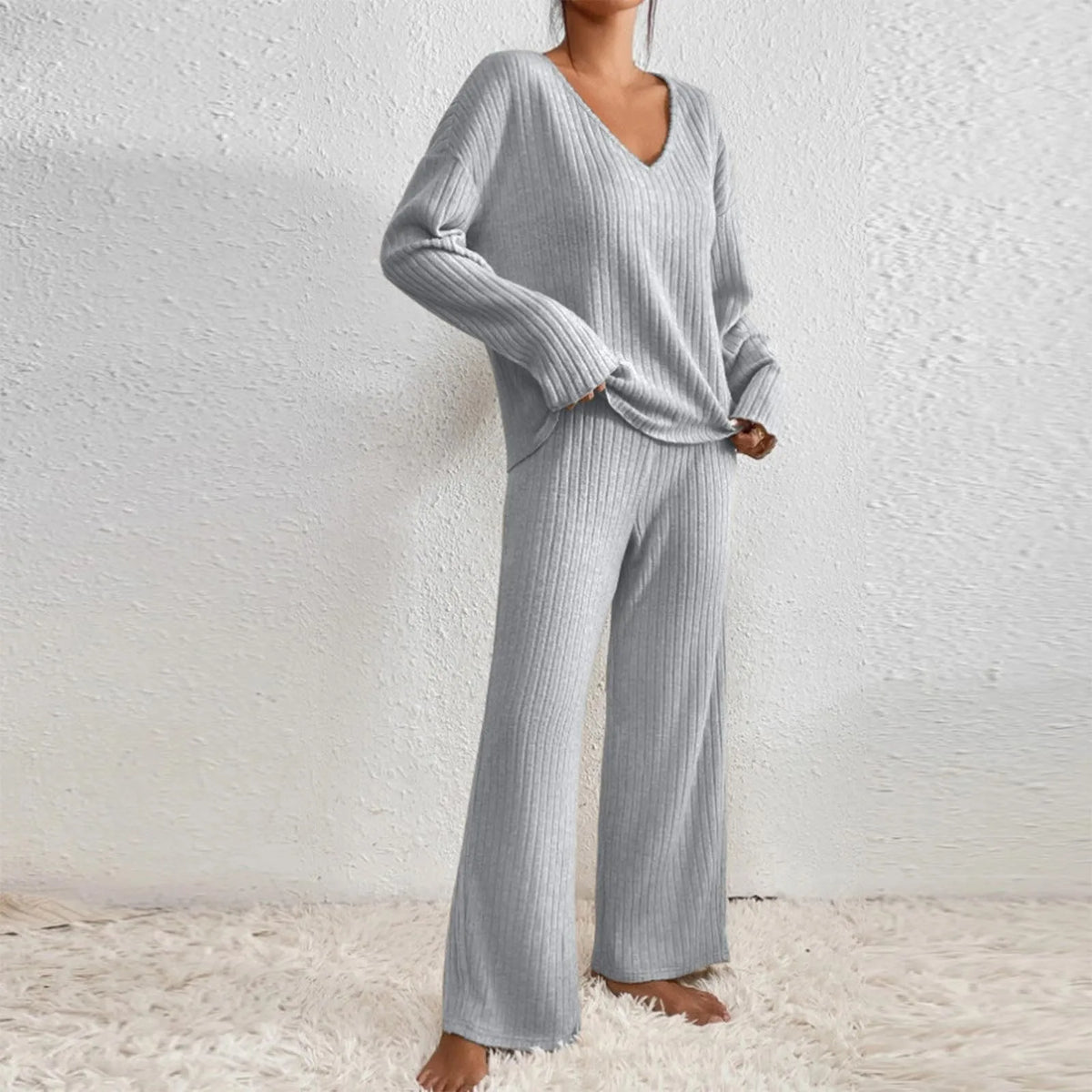 Women's Knitted Two-Piece Set, Ribbed Sweater & Trousers | V-Neck Top, Flexible Fit | 7 Colorways | S–2XL