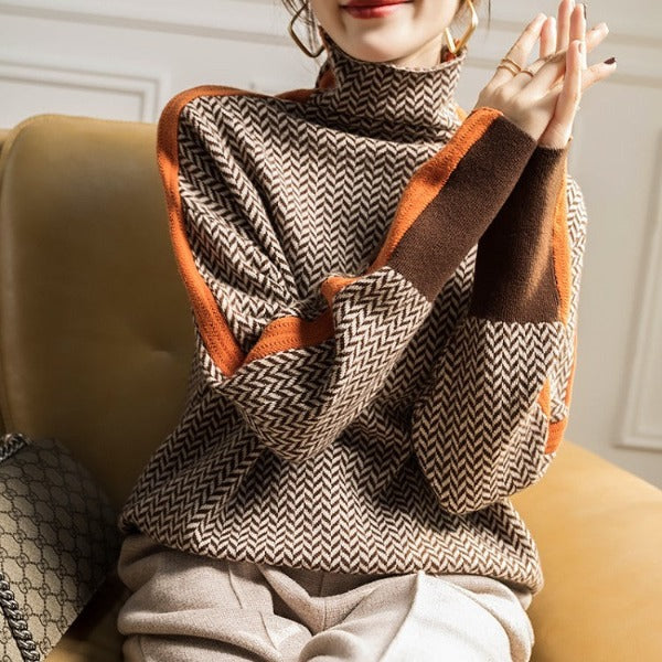 Women's Herringbone Turtleneck Sweater, Luxe Design | Refined Pattern, Flattering Fit | Orange or Green | One Size