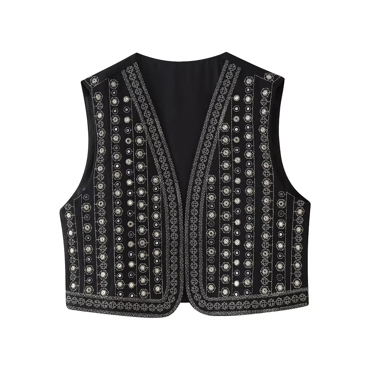 Women's Sequin-Embroidered Boho Vest, Cropped Cut | Hand-Stitched Sparkle, Open-Front Design | Black | Sizes S–L