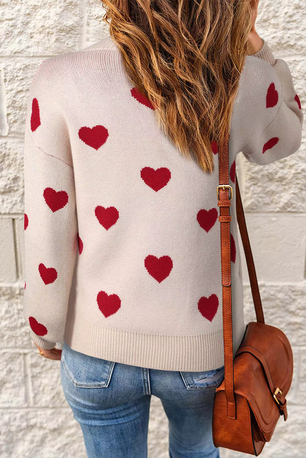 Women's Hearts-Pattern Sweater, Relaxed Fit | Delicate Print Detail, Cozy Everyday Layer | White or Pink | S–2XL