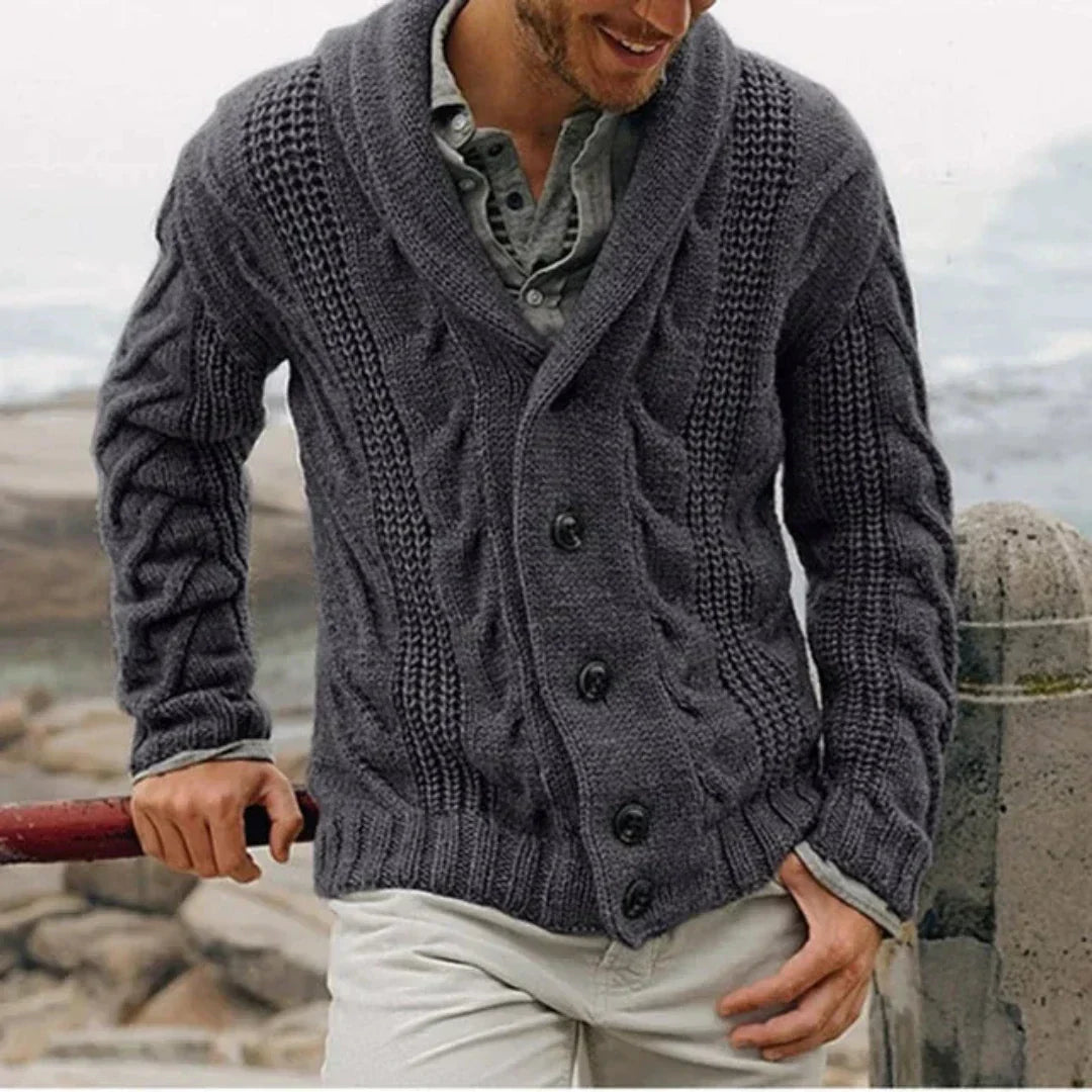 James Mens Shawl Collar Cable Knit Cardigan in Dark Gray