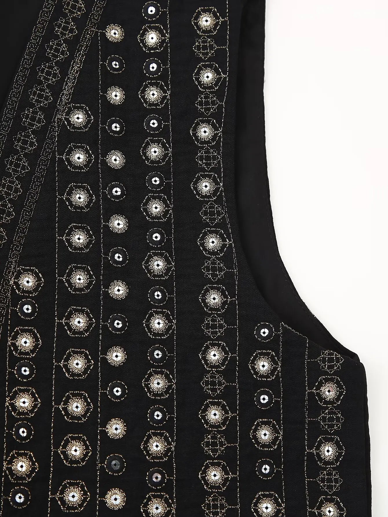 Women's Sequin-Embroidered Boho Vest, Cropped Cut | Hand-Stitched Sparkle, Open-Front Design | Black | Sizes S–L