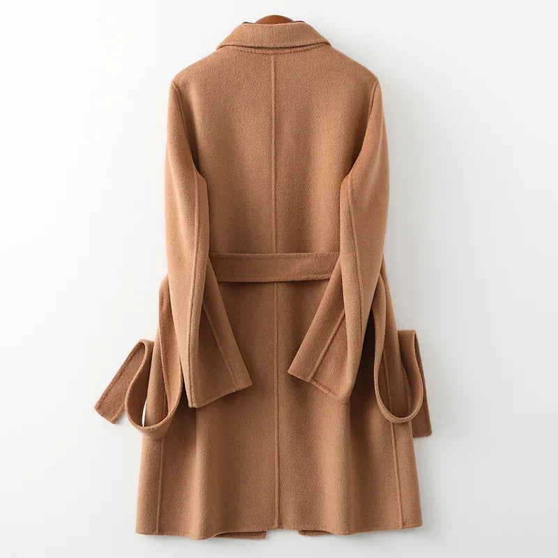Claire Womens Belted Wool Coat in Midi Length