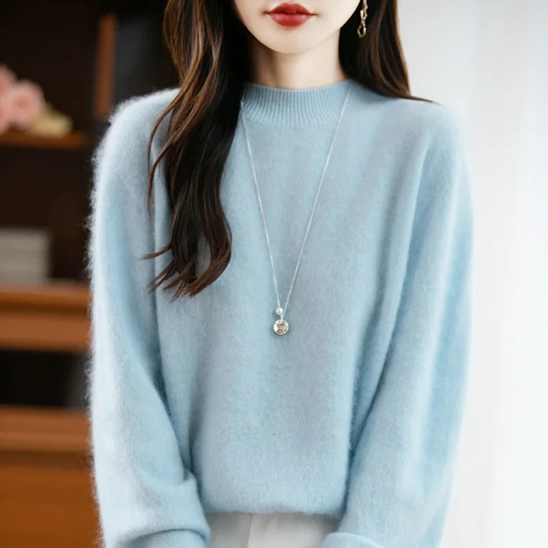 Arabelle Womens Cashmere Wool Blend High Neck Sweater in Light Blue