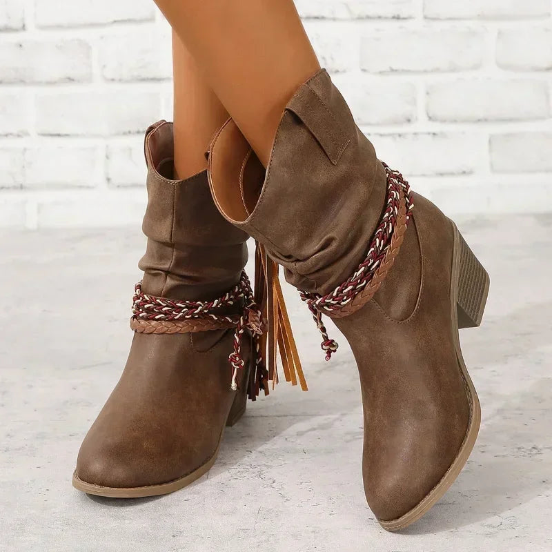 Mila Womens Western Boots with Block Heel in Dark Brown A