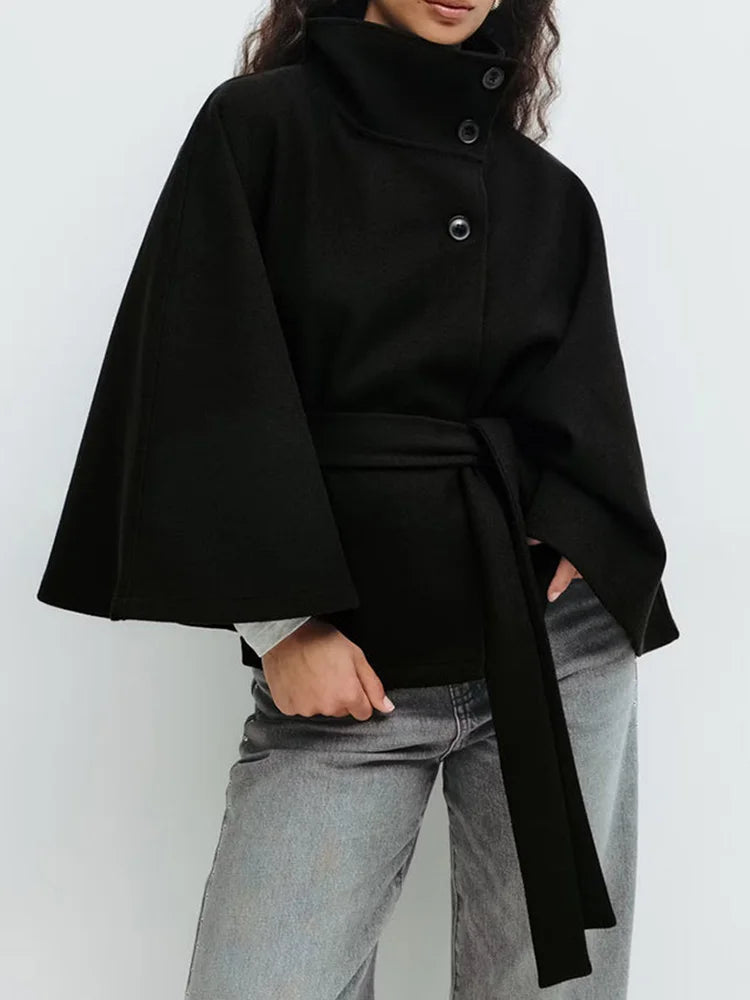 Leslie Womens Wool Blend Cape Coat with Belted Waist