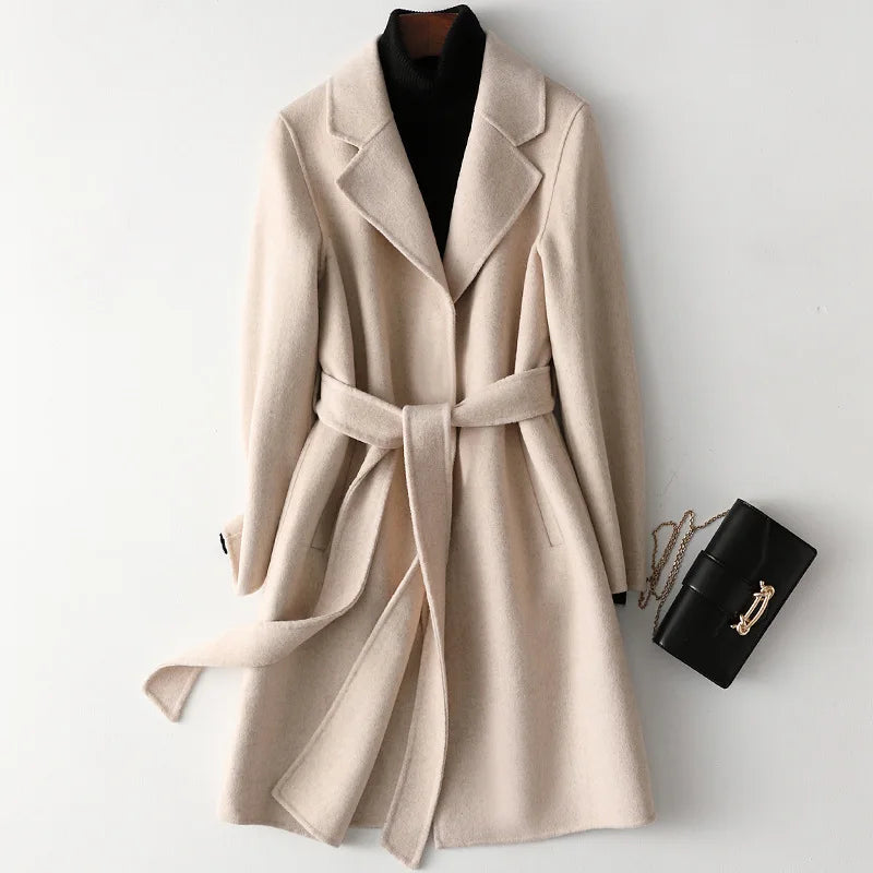 Claire Womens Belted Wool Coat in Midi Length