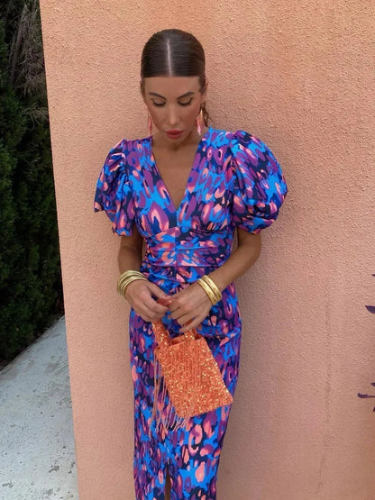 Aurora™ | Vibrant Midi Dress with Balloon Sleeves