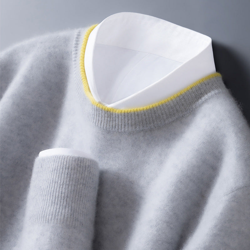 Bennett Mens Cashmere Crewneck Sweater, Contrast Trim in Light Gray