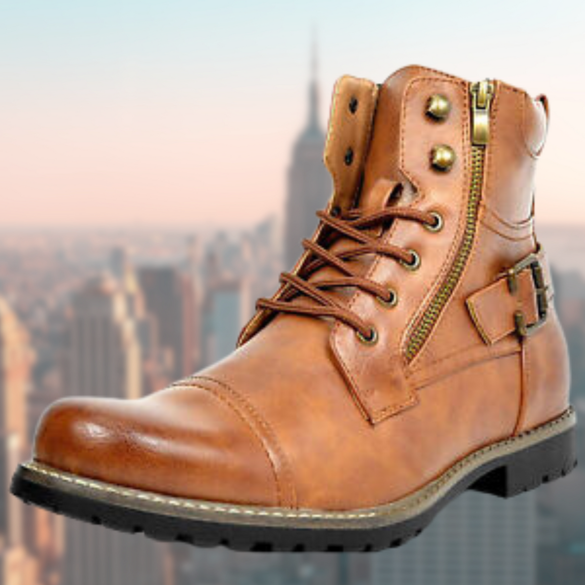Joe Mens Leather Motorcycle Boots with Non-Slip Rubber Sole in Brown