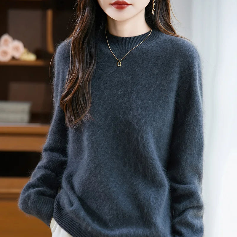 Arabelle Womens Cashmere Wool Blend High Neck Sweater in Blue