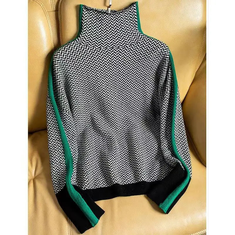Women's Herringbone Turtleneck Sweater, Luxe Design | Refined Pattern, Flattering Fit | Orange or Green | One Size