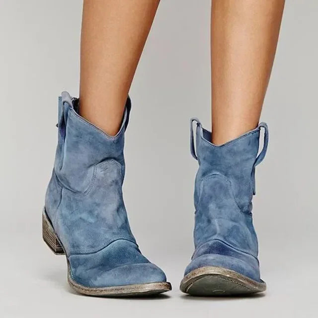 Caitlin Womens Suede Western Ankle Boots with Low Block Heel in Blue