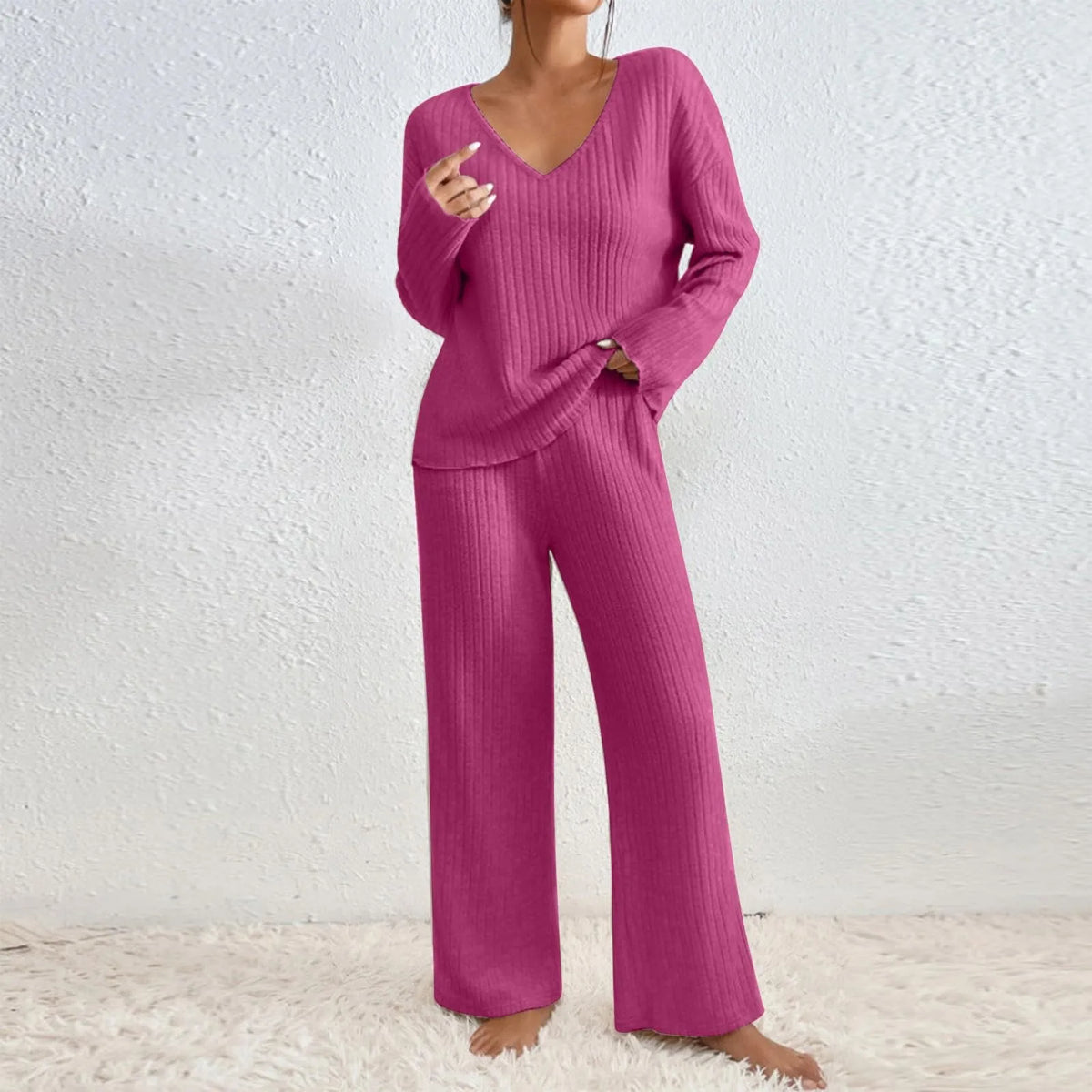 Women's Knitted Two-Piece Set, Ribbed Sweater & Trousers | V-Neck Top, Flexible Fit | 7 Colorways | S–2XL