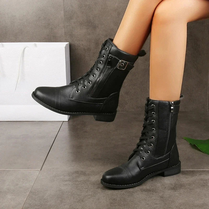 Katherine Womens Leather Lace-Up Boots with Zipper