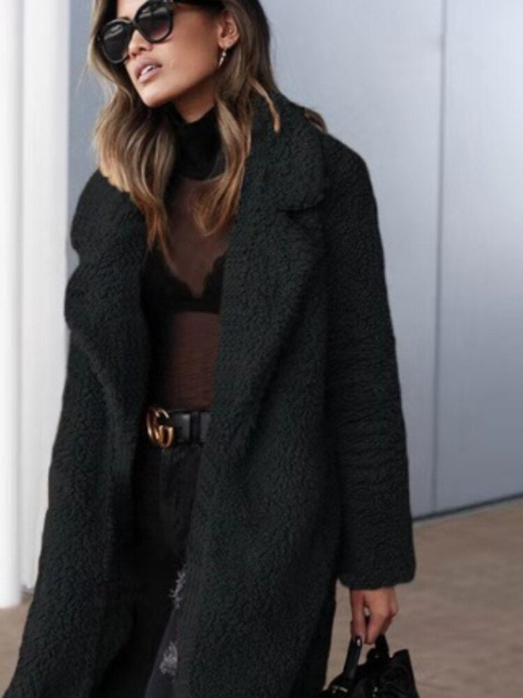 Sandra Womens Long Teddy Coat in Soft Fleece in Black