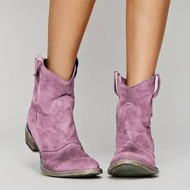 Caitlin Womens Suede Western Ankle Boots with Low Block Heel in Pink