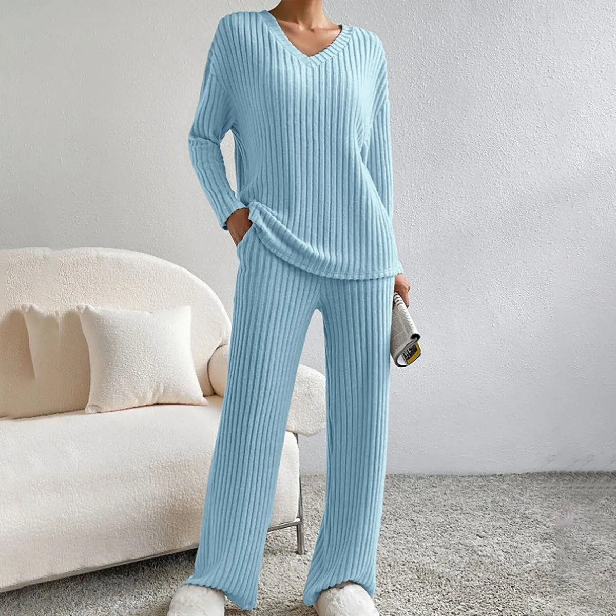 Women's Knitted Two-Piece Set, Ribbed Sweater & Trousers | V-Neck Top, Flexible Fit | 7 Colorways | S–2XL