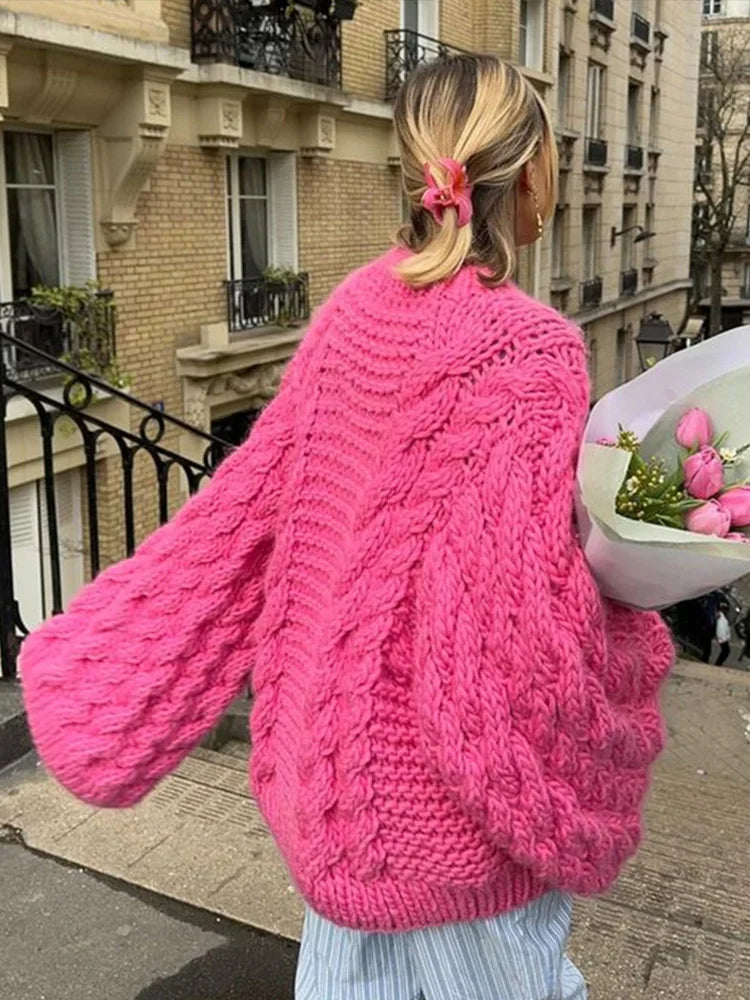 Gail Womens Chunky Knit Sweater with Oversized Fit in Pink