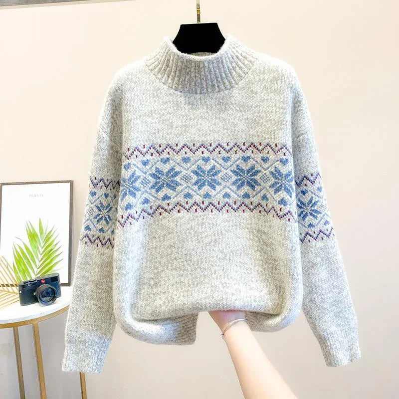 Women's Snowflake-Pattern Knit Sweater, High Neckline | Winter Print, Relaxed Fit | Pink, Beige, Blue or Gray | M–2XL