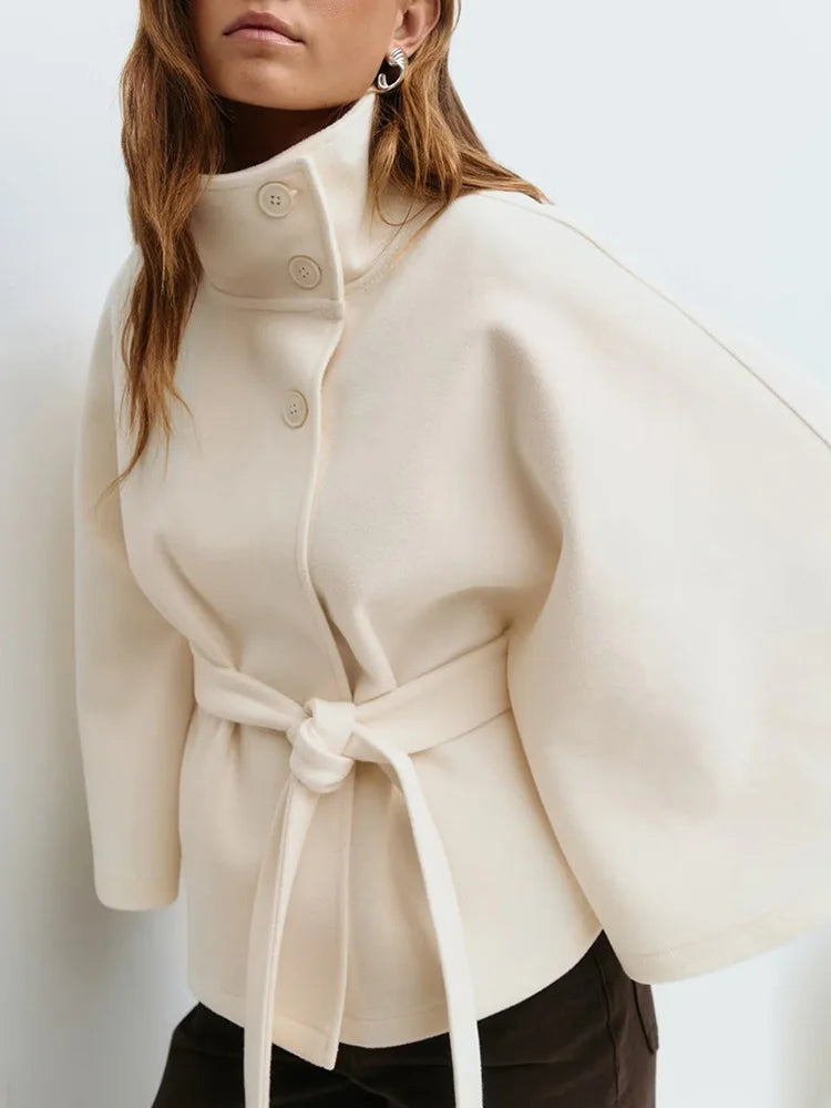 Leslie Womens Wool Blend Cape Coat with Belted Waist