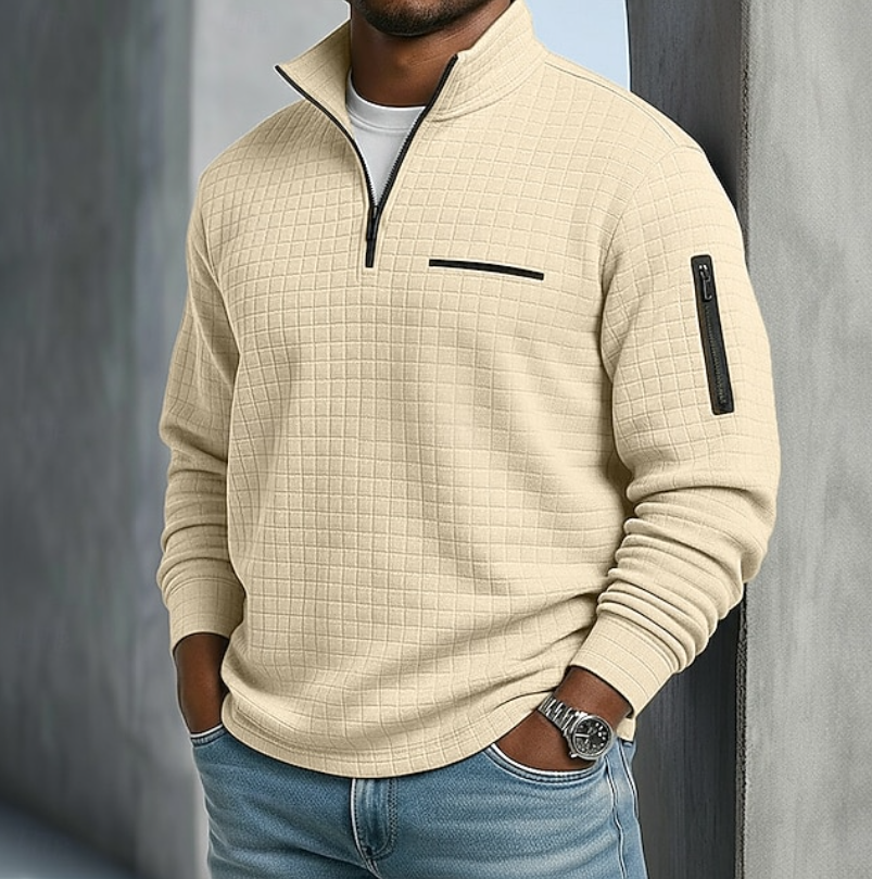 Kurt Mens Quarter-Zip Waffle Sweater in Beige